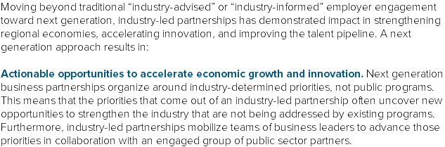 Moving beyond traditional “industry-advised” or “industry-informed” employer engagement toward next generation, industry-led partnerships has demonstrated impact in strengthening regional economies, accelerating innovation, and improving the talent pipeline. A next generation approach results in: Actionable opportunities to accelerate economic growth and innovation. Next generation business partnerships organize around industry-determined priorities, not public programs. This means that the priorities that come out of an industry-led partnership often uncover new opportunities to strengthen the industry that are not being addressed by existing programs. Furthermore, industry-led partnerships mobilize teams of business leaders to advance those priorities in collaboration with an engaged group of public sector partners. 